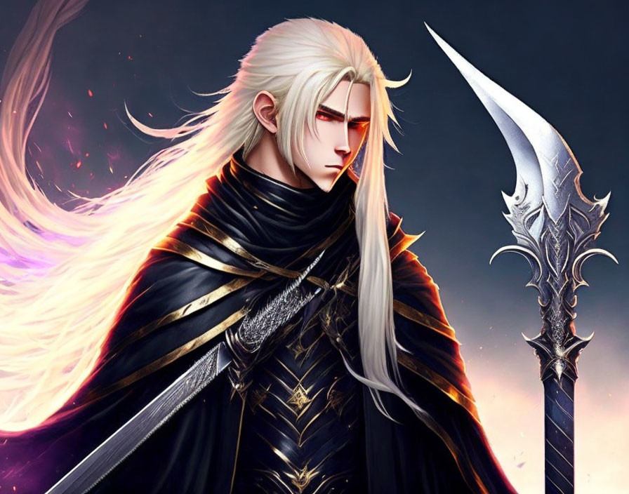 Fantasy character with white hair, red eyes, silver spear, black and gold armor