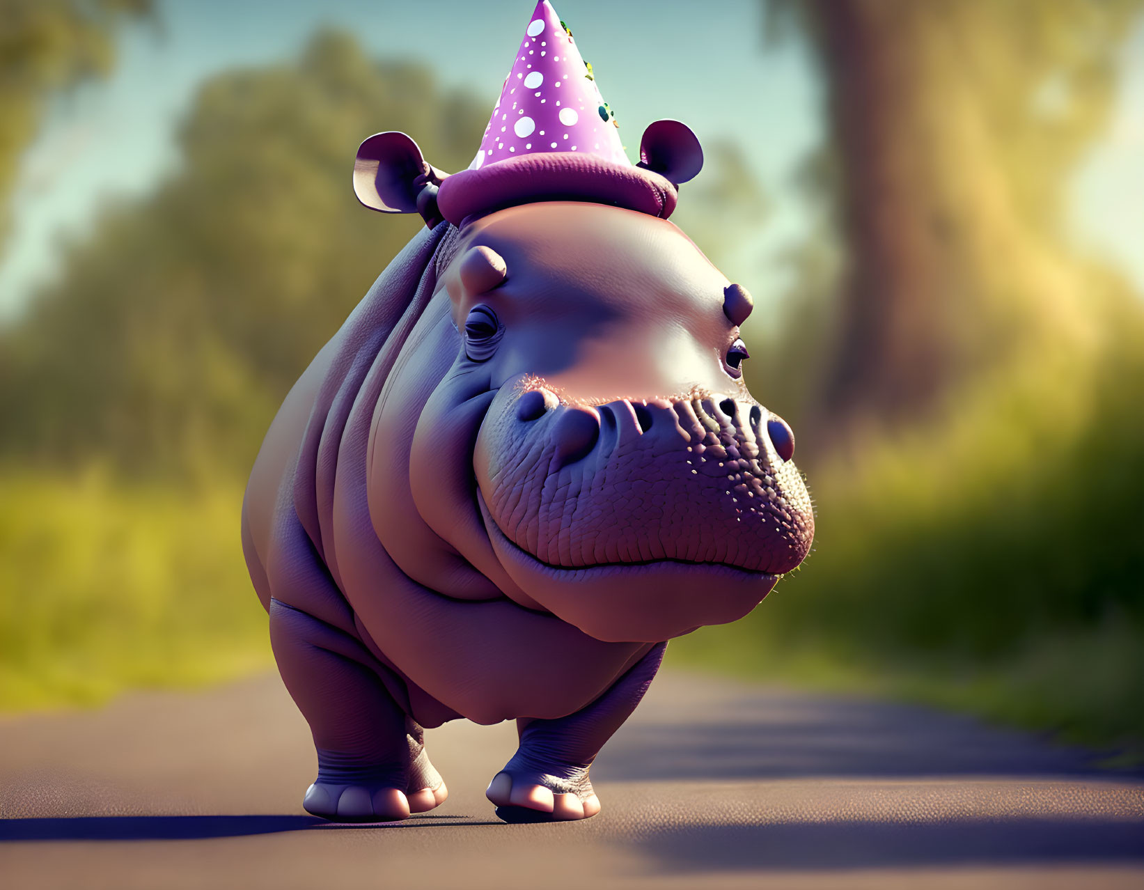 Cartoon hippopotamus with party hat in nature scenery