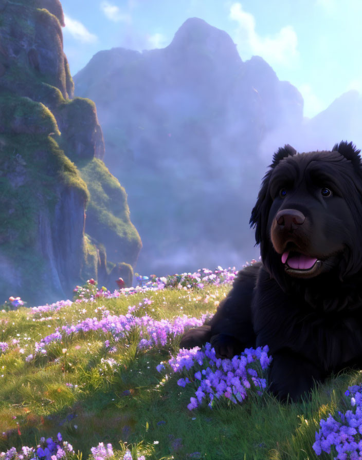 Black Dog Resting Among Purple Flowers with Green Cliffs and Misty Mountains