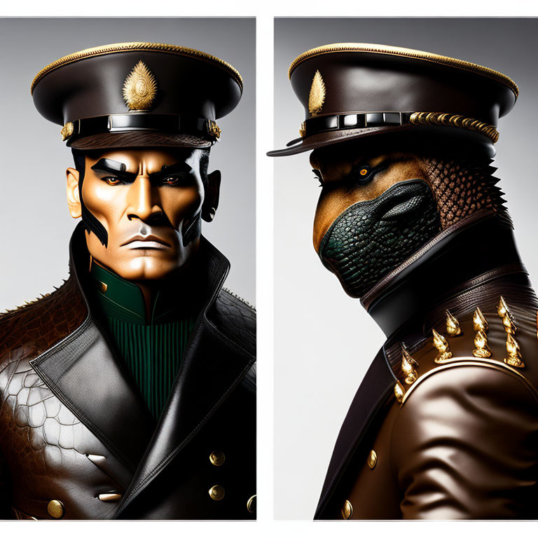 Split Image: Human and Reptilian Characters in Military Attire