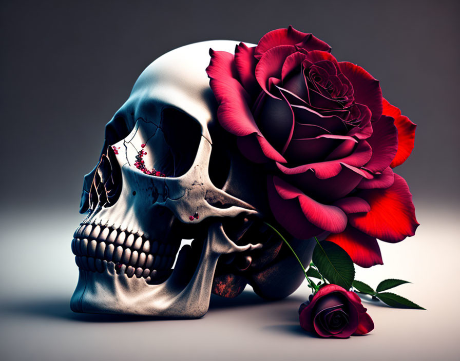 Skull with red roses and muted background art.