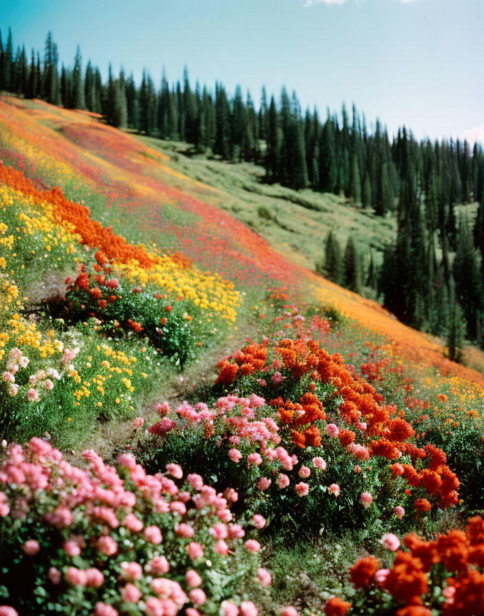 Lush wildflower hillside under clear blue sky