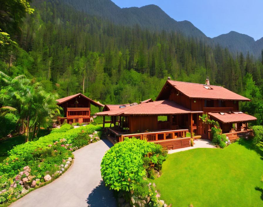 Scenic wooden chalet with mountain view on lush green lawn