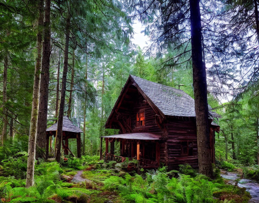 Secluded wooden cabin in lush forest with misty atmosphere