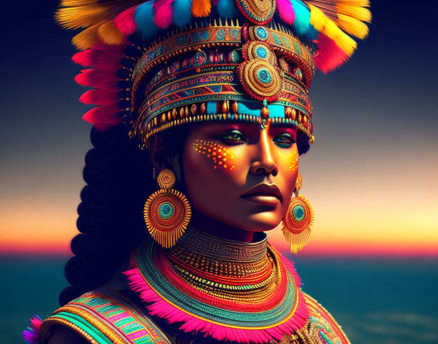 Digital Artwork: Woman in Indigenous Attire at Sunset