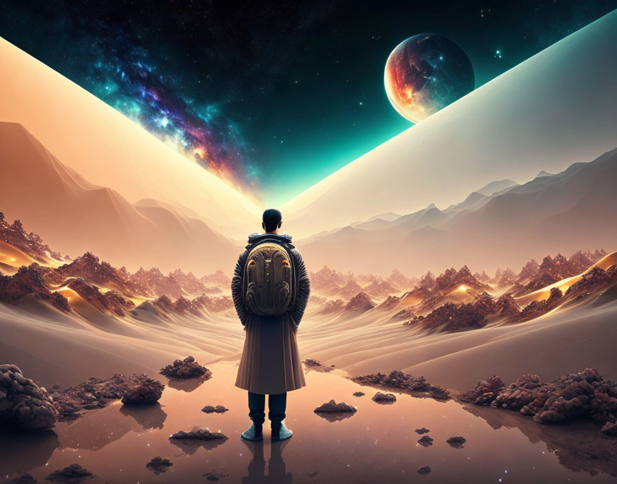 Person in trench coat and backpack in surreal landscape with cosmic sky and dichotomous terrain.