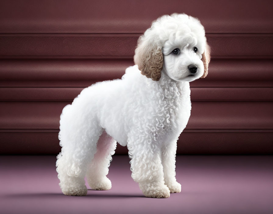 Fluffy White Poodle on Purple Backdrop and Brown Leather Couch