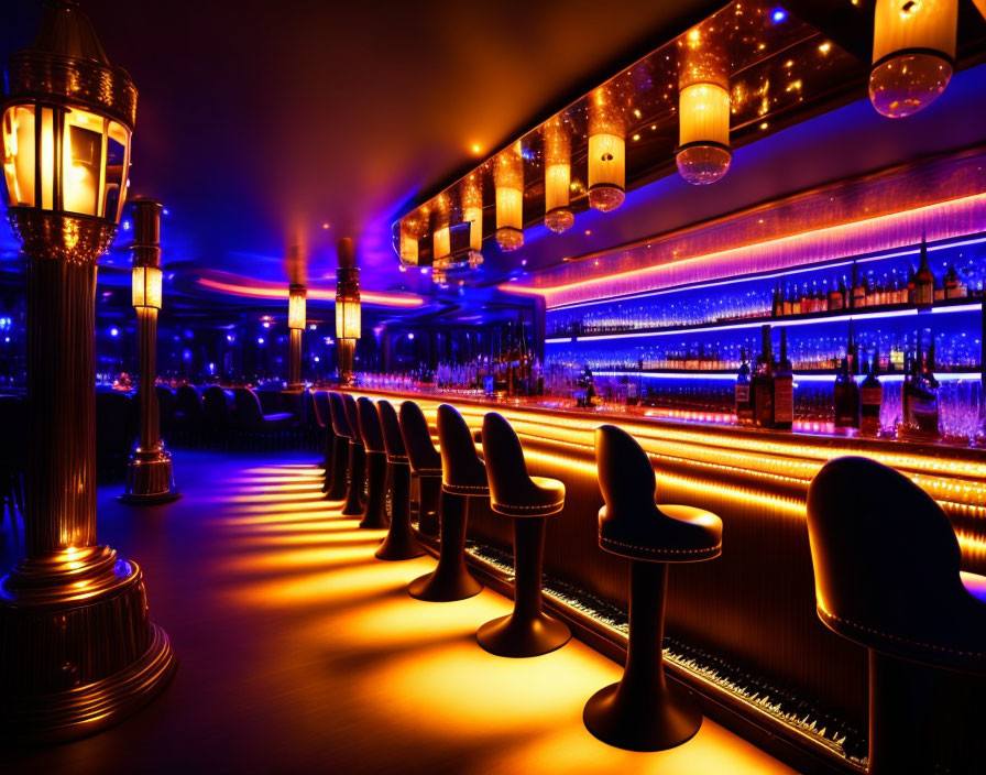 Bar interior with blue and orange lighting, illuminated shelves, bar stools, and atmospheric lamps