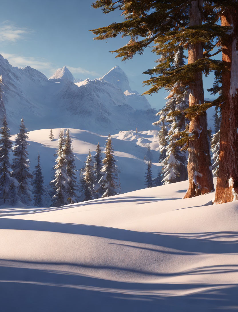 Tranquil Snowy Forest with Snow-Capped Mountains