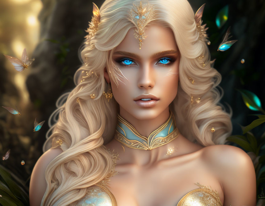 Fantasy portrait of woman with blue eyes and elf-like ears, adorned with jewelry, surrounded by butterflies