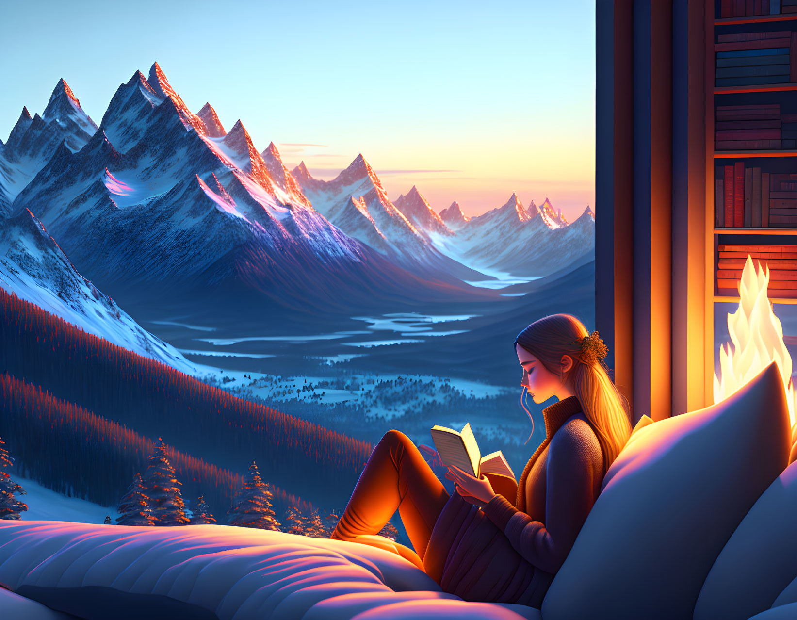 Person reading book by window with snowy mountains view, fire, and northern lights at twilight