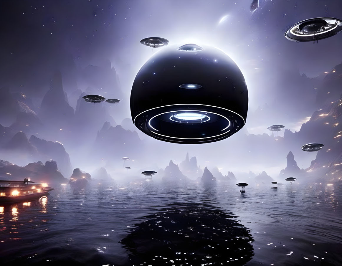 Multiple UFOs hover over mirrored water and alien rock formations in serene sci-fi scene