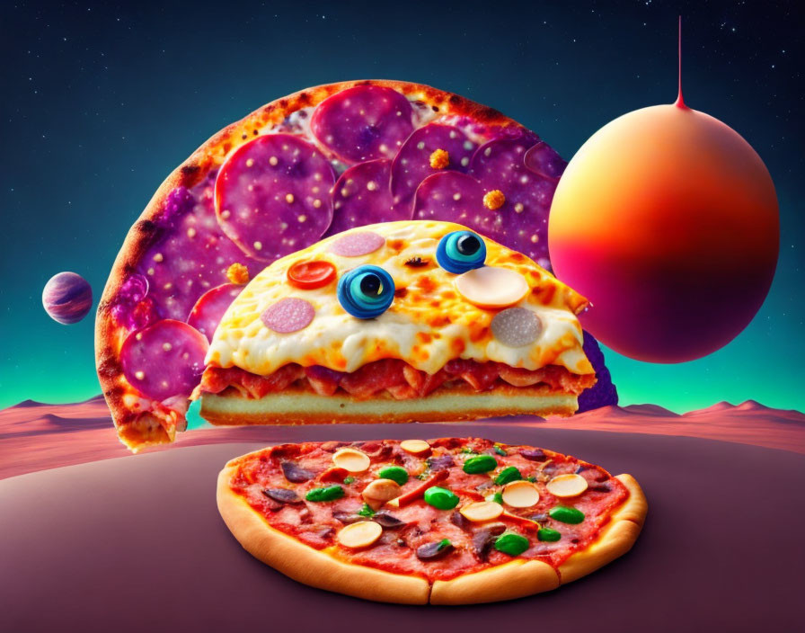 Whimsical animated pizza slice on surreal alien landscape