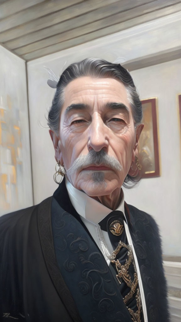 Portrait of distinguished gentleman with slicked back hair, pronounced mustache, earrings, and elaborate black jacket