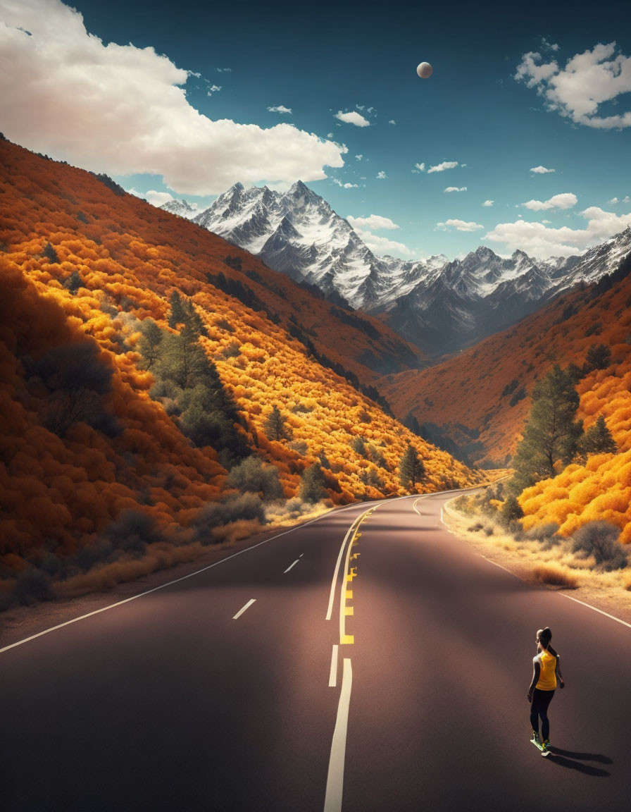 Person running on winding road surrounded by autumn trees and snow-capped mountains under moonlit sky