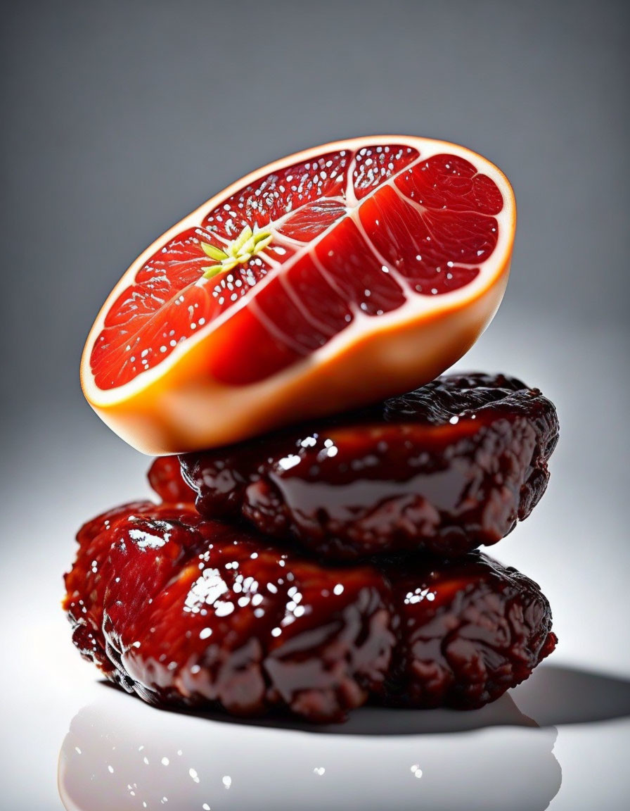 Red grapefruit half with glazed confections on grey background