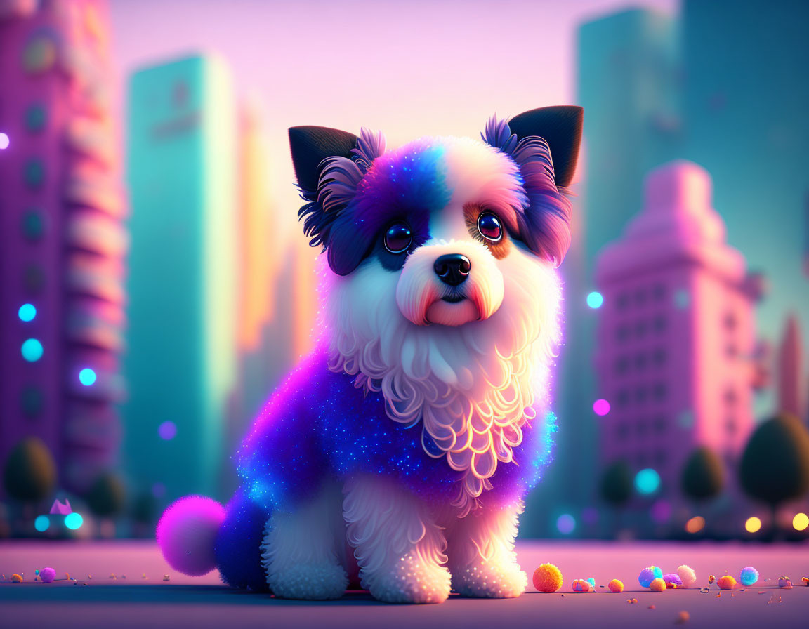 Cosmic-themed fluffy dog digital illustration in cityscape twilight