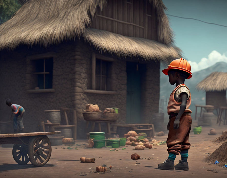 Child in hard hat observes worker in rustic village with thatched huts