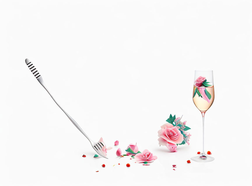 Decorative flowers, fork, and champagne glass with rose design on white background