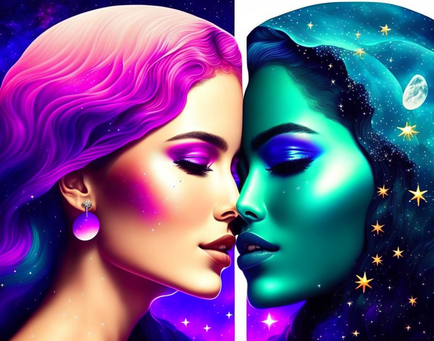 Colorful digital artwork featuring cosmic-themed profiles in pink and purple, and blue and green hues with stars