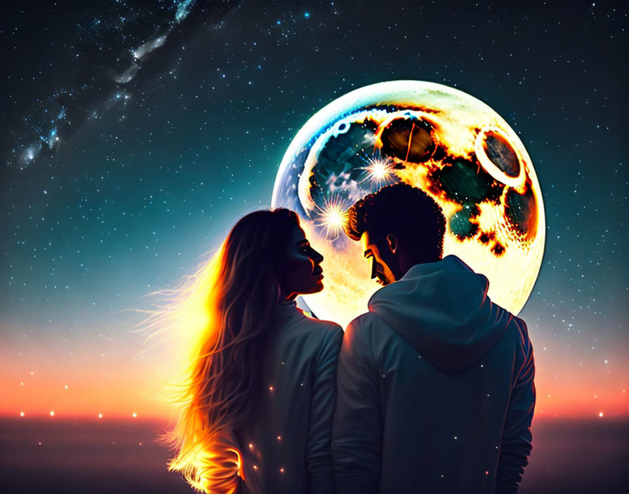 Couple admires starry sky with glowing celestial body and shooting star.