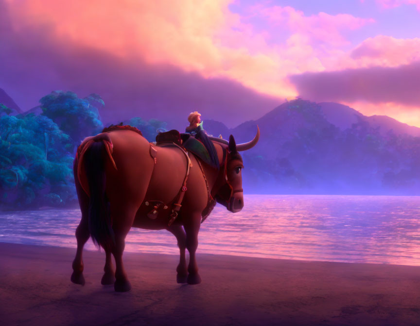 Animated character on horseback at sunset with vibrant skies over tranquil water.
