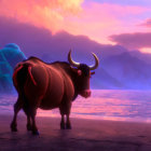 Animated character on horseback at sunset with vibrant skies over tranquil water.