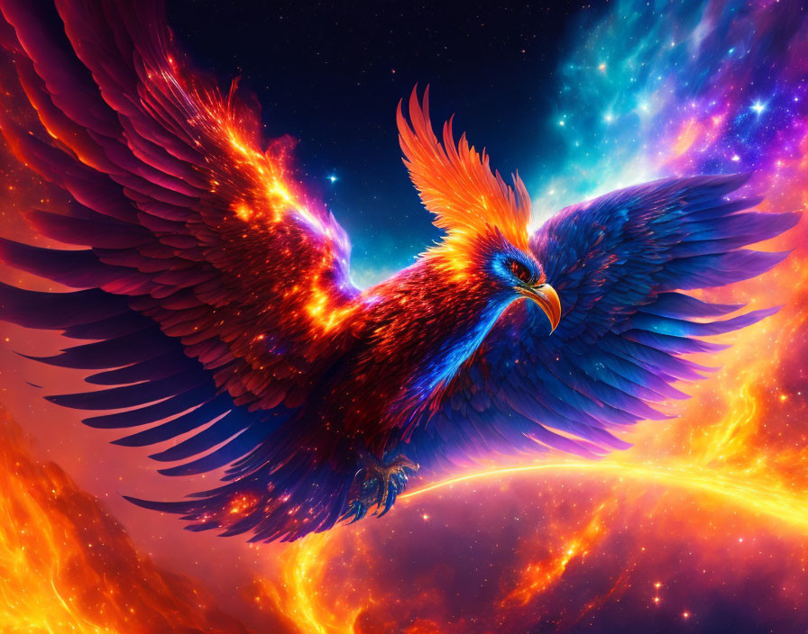 Colorful Phoenix Artwork with Fiery Wings in Cosmic Setting