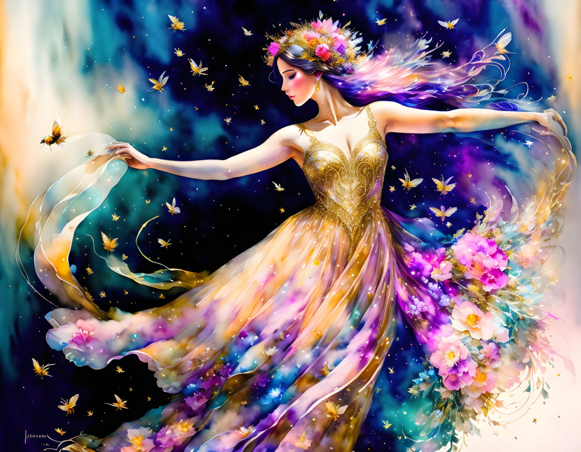 Woman with floral crown and gown in cosmic setting.