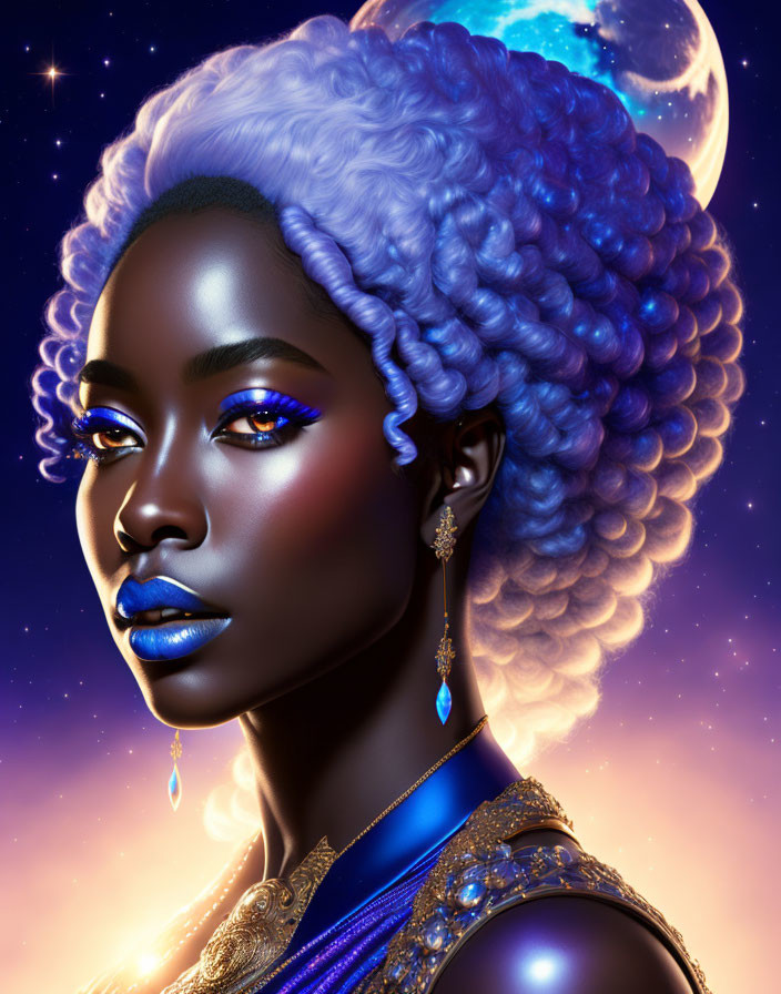 Blue-skinned woman with white curly hair under crescent moon