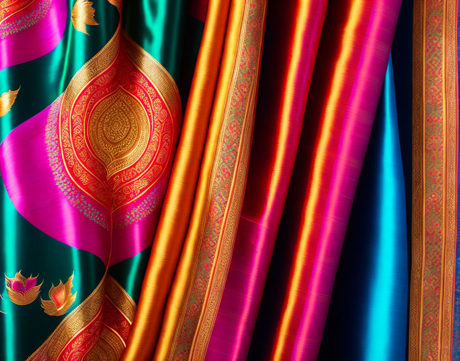 Colorful Silk Sarees with Golden Patterns in Teal, Orange, and Red