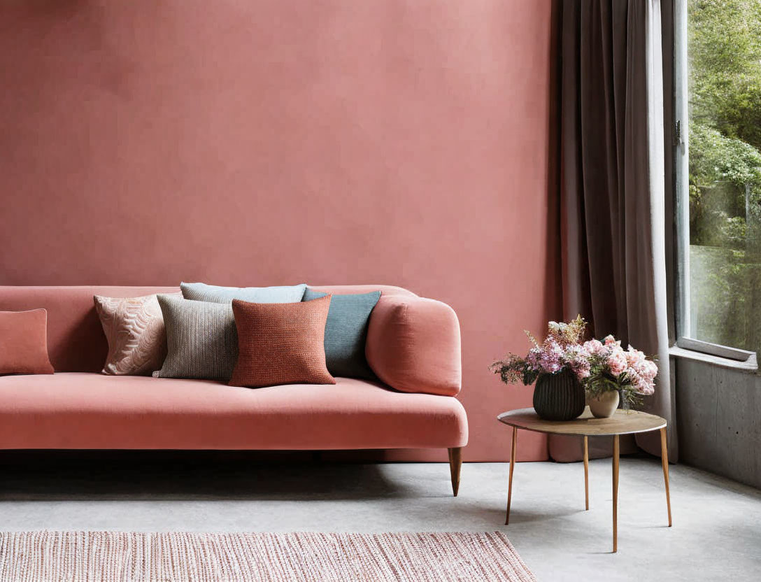 Pink Sofa and Flower Vase in Cozy Living Room Corner