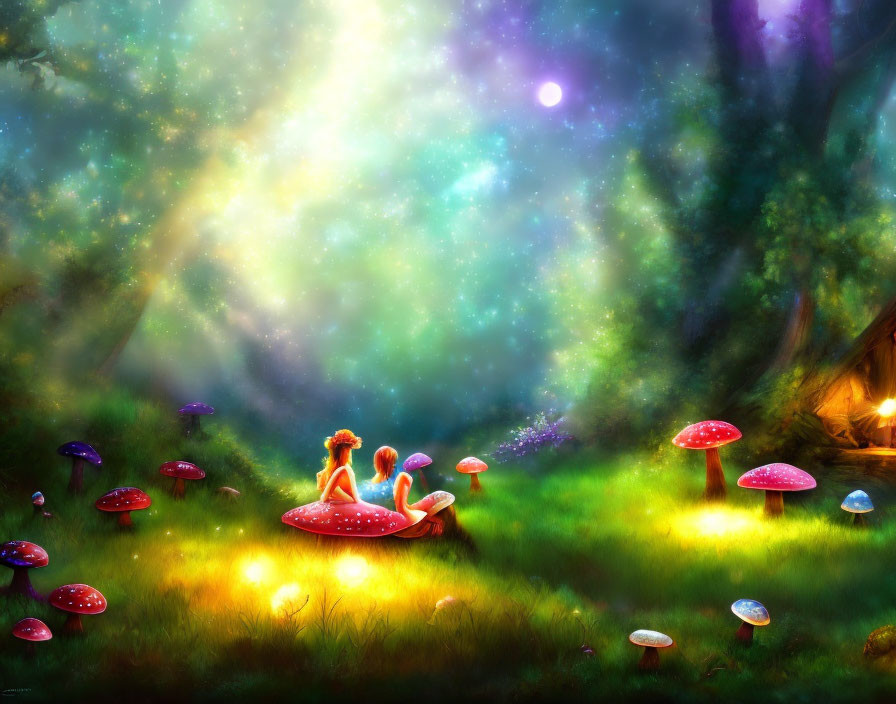 Magical forest glade with glowing mushrooms, girl on toadstool, starry sky,