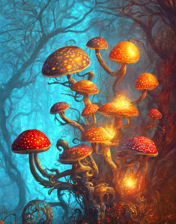 Vibrant digital artwork: Glowing red mushrooms with yellow spots in enchanted forest