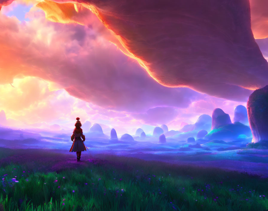 Fantasy Landscape with Purple Skies and Oversized Flora