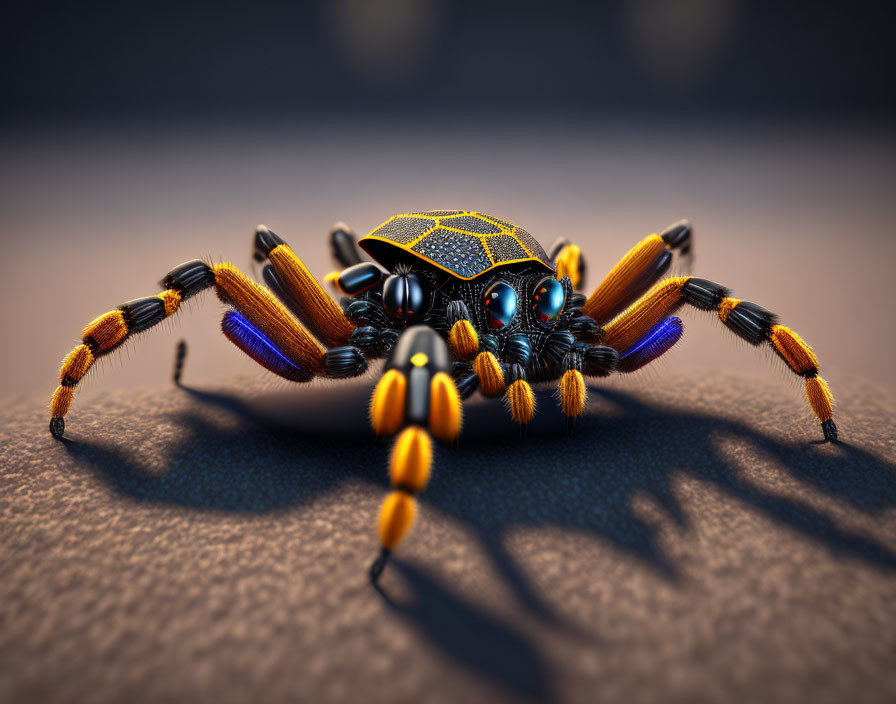 Detailed 3D Rendering: Robotic Spider with Solar Panel Patterns, Orange and Blue Accents