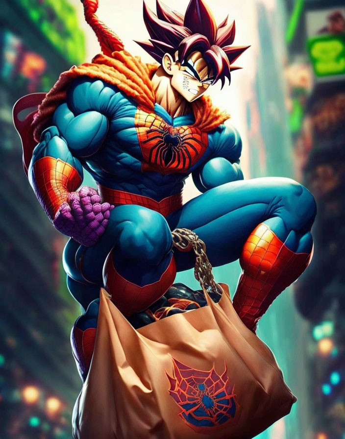 Hybrid superhero character with Goku and Spider-Man features in red and blue costume, Saiyan tail,