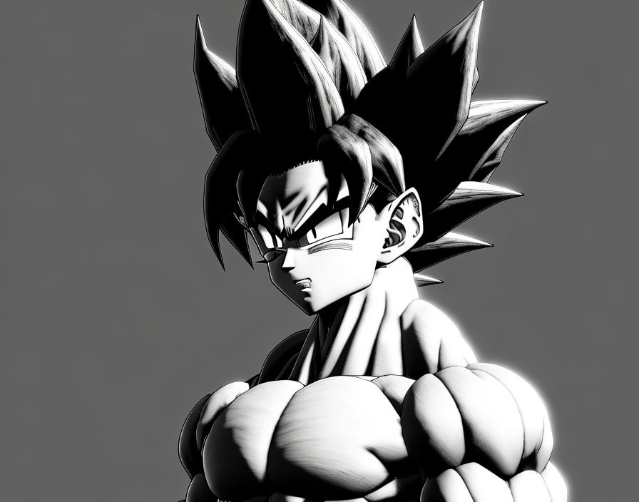 Monochrome animated character: muscular male with spiked hair and stern expression