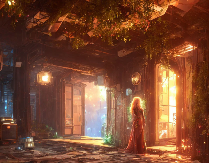 Woman in Red Cloak in Sunlit Futuristic Hallway with Plants and Abandoned Technology