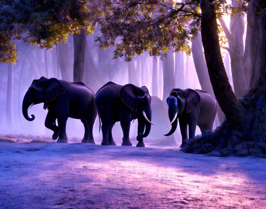 Mystical forest scene with three elephants in foggy ambiance