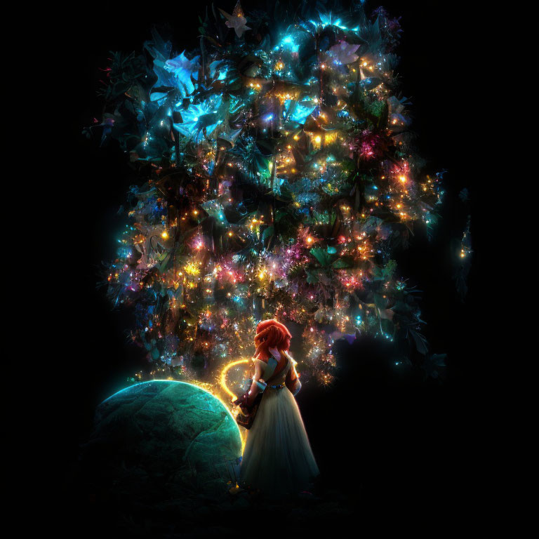 Woman in white dress beside glowing orb and magical, vibrant tree on dark background.