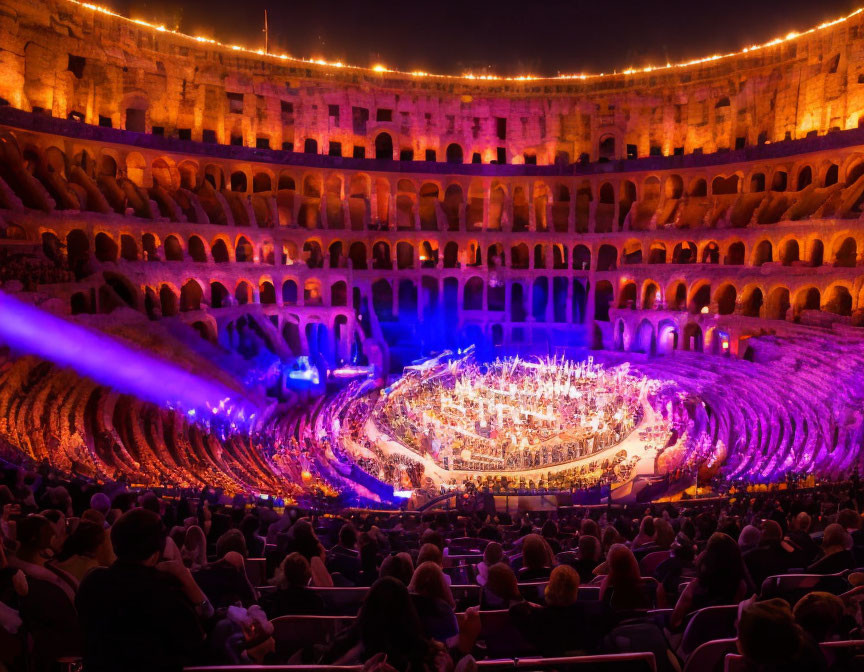 Historic amphitheater evening concert with musicians under violet light