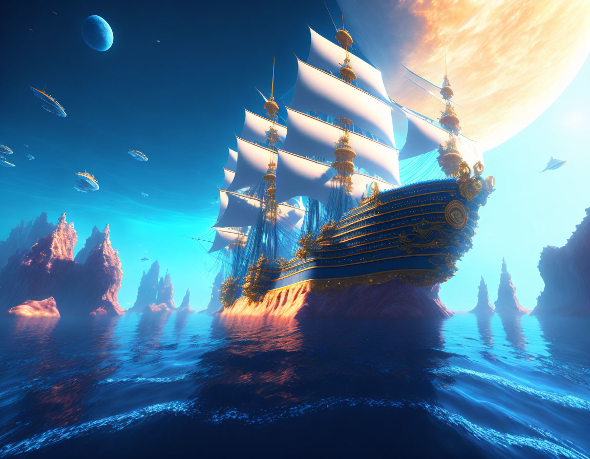 Majestic fantasy ship on calm waters with floating islands and large planet in the sky