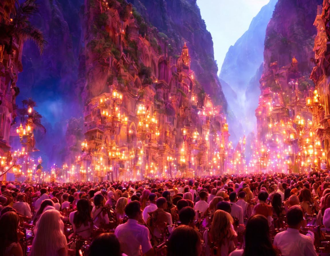 Colorful Festival with Lanterns Among Cliffs and Structures