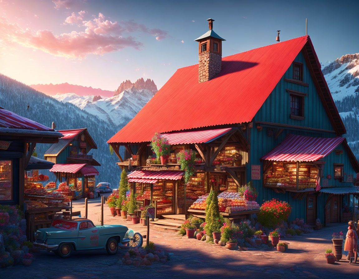 Colorful Alpine Village Sunset Scene with Vintage Truck and Flower Displays