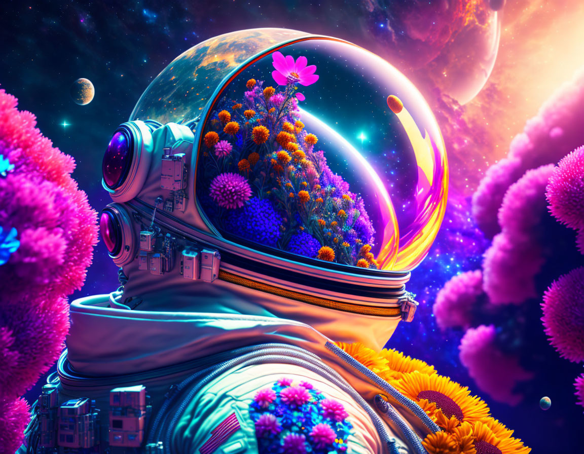 Astronaut with vibrant flowers in helmet in cosmic setting