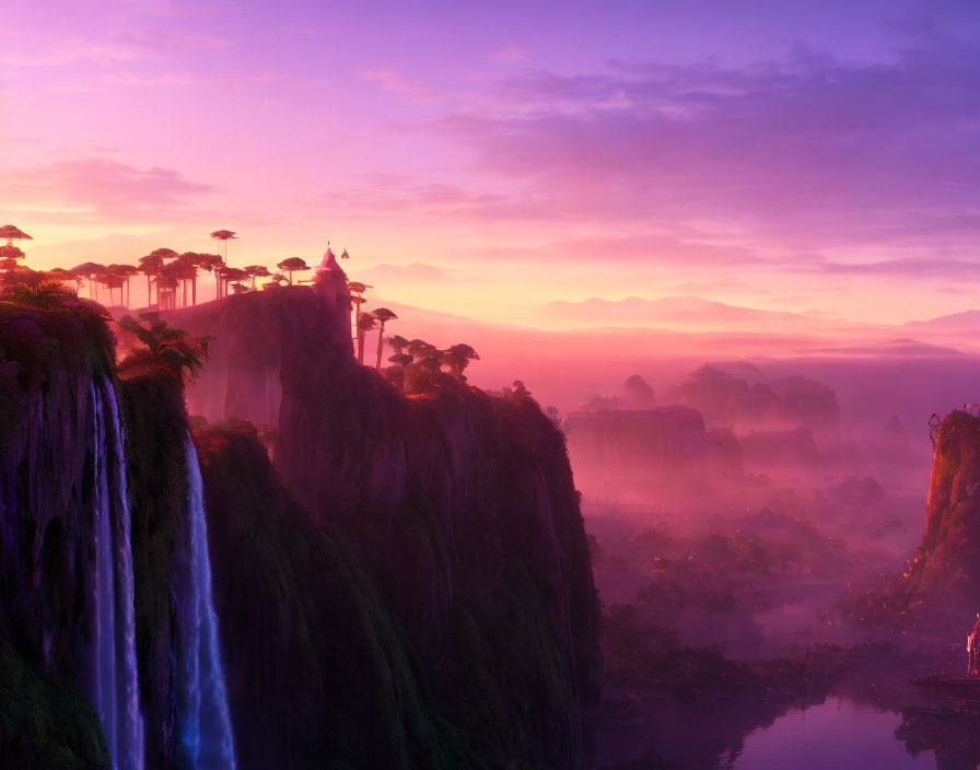 Mystical landscape with waterfalls, exotic trees, and castle at purple-hued sunrise or sunset