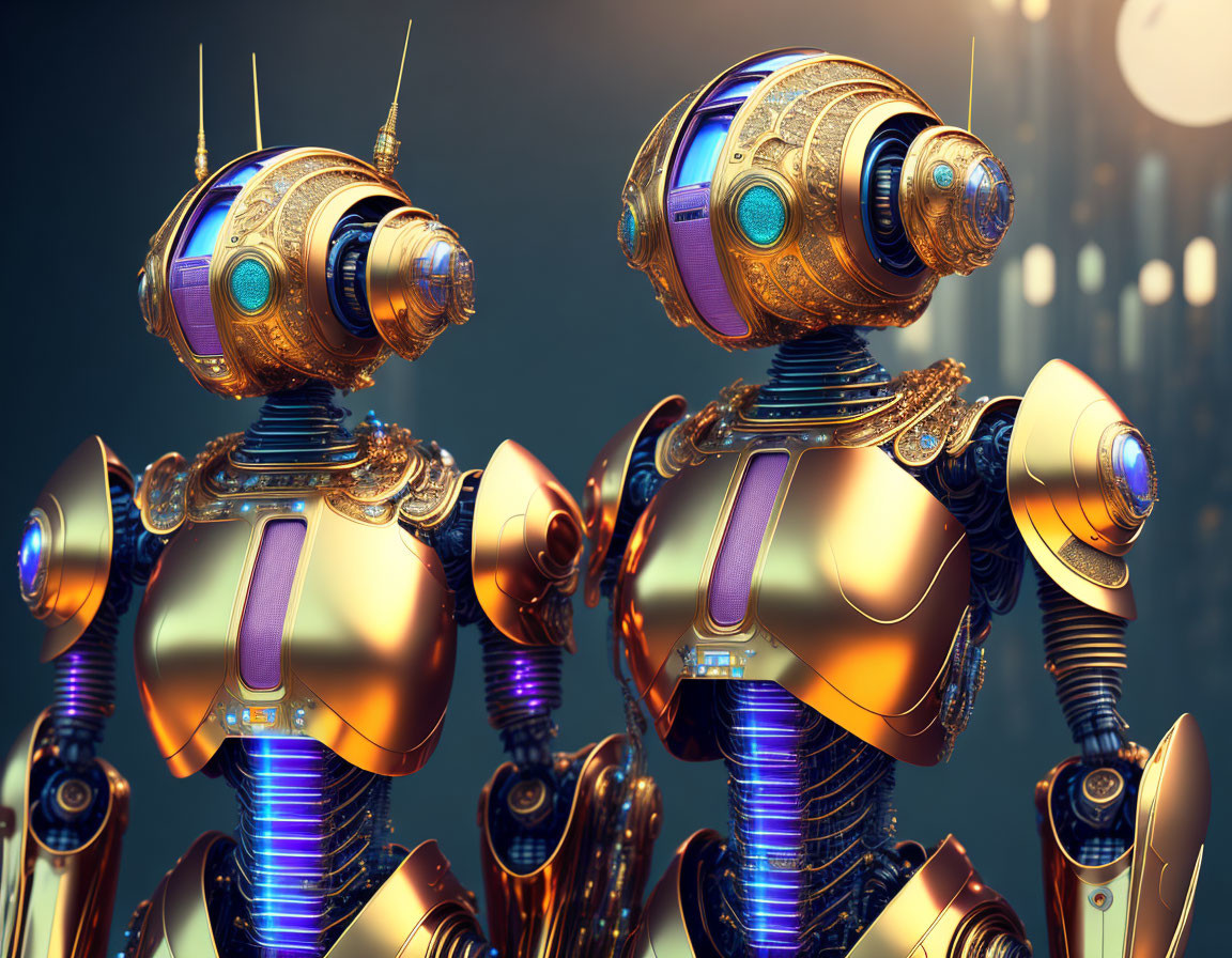 Detailed futuristic robots in golden and metallic finishes facing each other