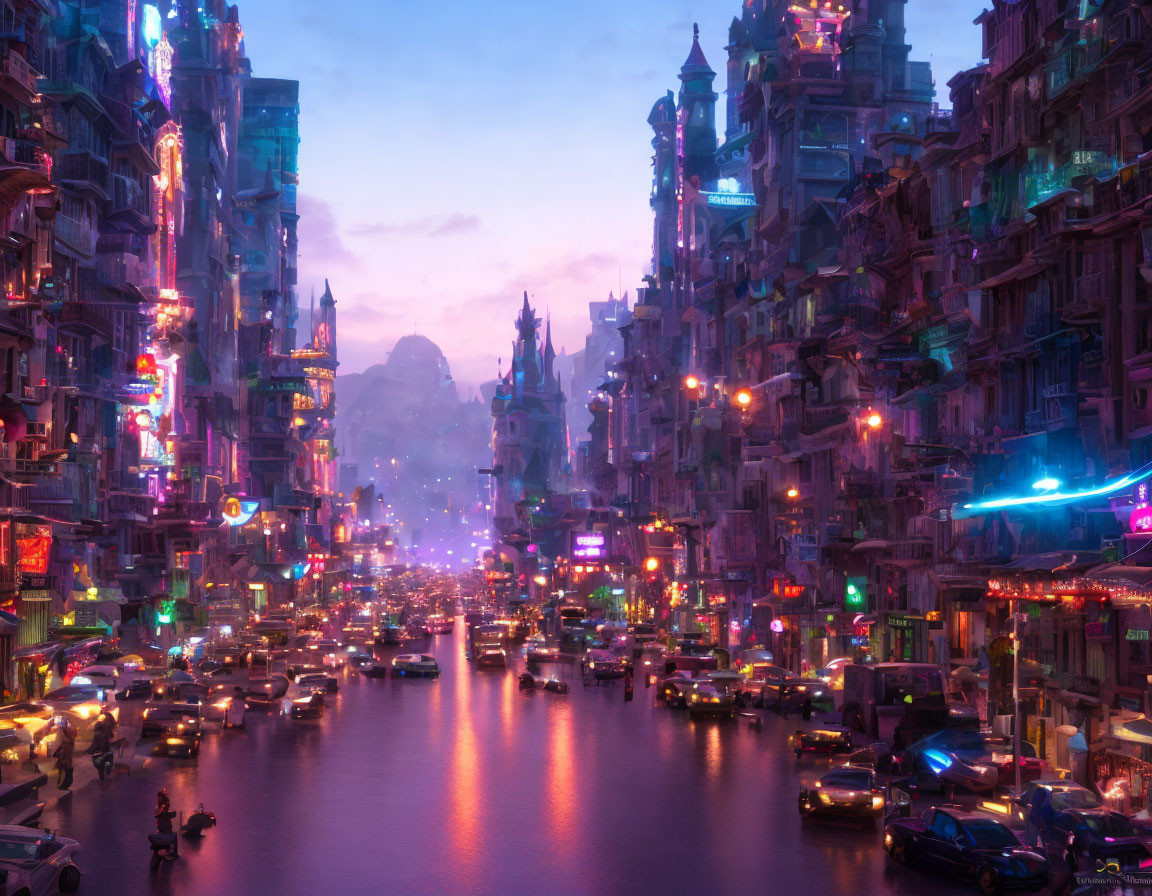 Futuristic cityscape at dusk with neon signs, crowded streets, and towering buildings.