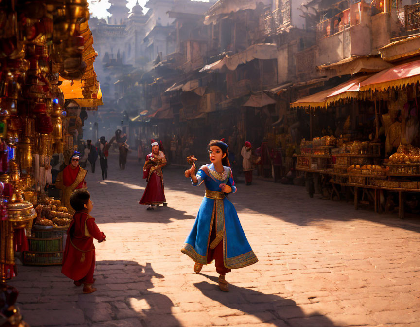 Young girl in Disney princess costume dances at vibrant street market.